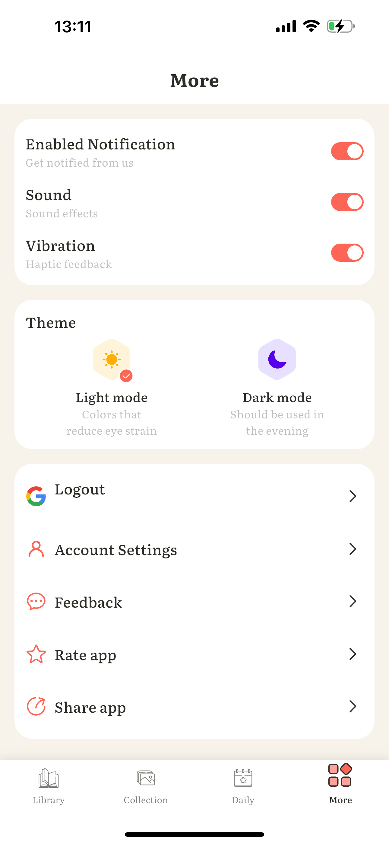 More tab with the Account Settings option