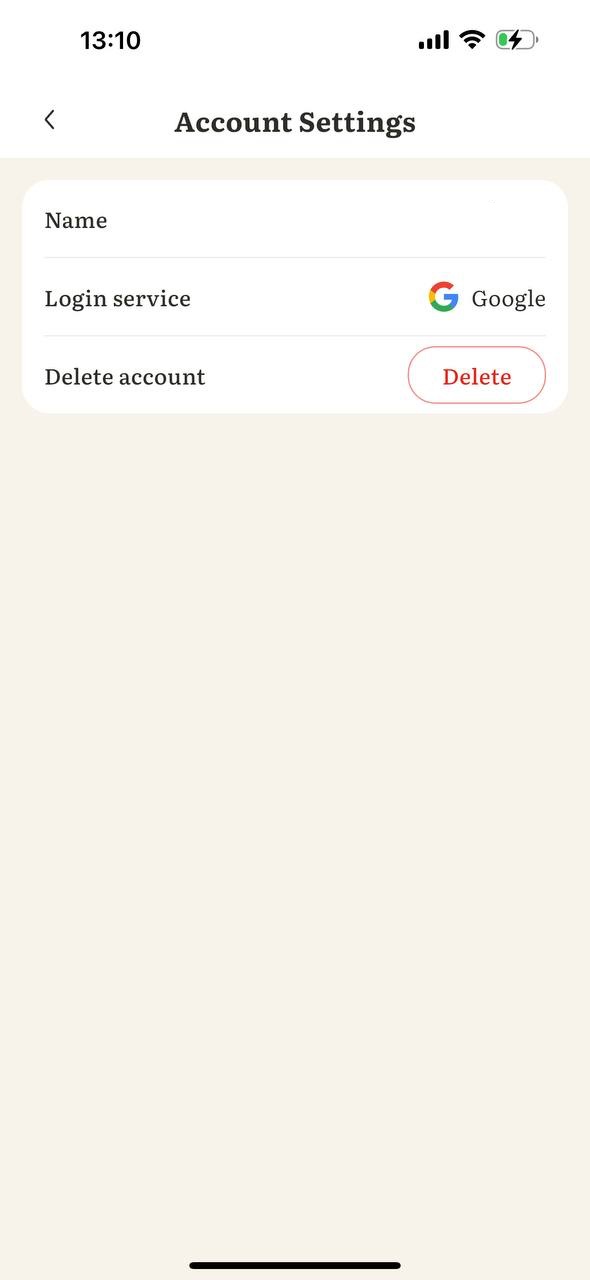 Account Settings screen with the Delete button
